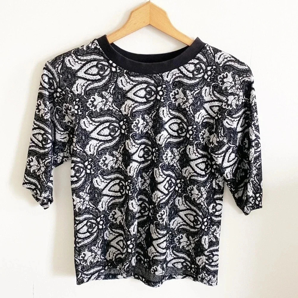 Topshop black and silver lace print 3/4 sleeve top